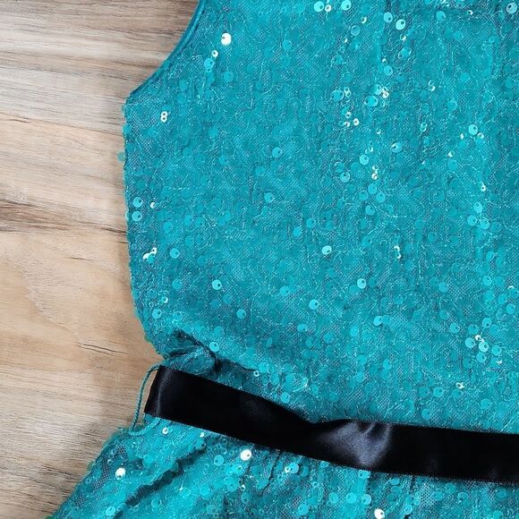 🔺️Lily Rose Teal Sequined One Shoulder Belted Sash Dress Small - Picture 6 of 12